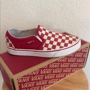 Vans Red and White Checkered Slip-On Sneakers